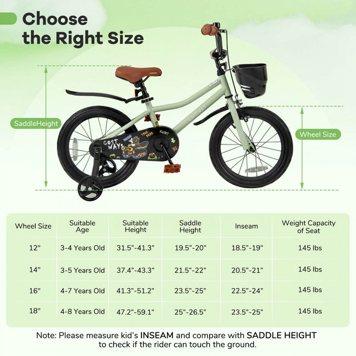 Costway 16" Kid's Bike With Training Wheels Adjustable Handlebar & Seat Handbrake Green