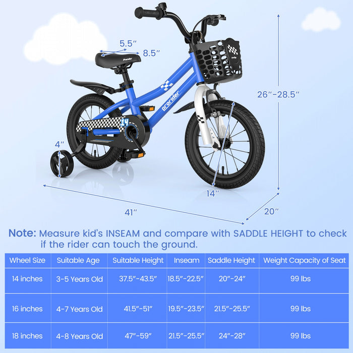 Costway 14" Kid's Bike W/ Removable Training Wheels & Basket For 3-5 Years Old Blue