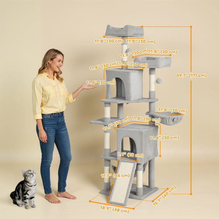 PawHut Cat Tree, 70" Multi-Level Cat Tower for Indoor with 2 Condos, 2 Plush Top Perches, Hammock, Platforms, Toy Balls, Sisal Scratching Posts and Board, Light Grey