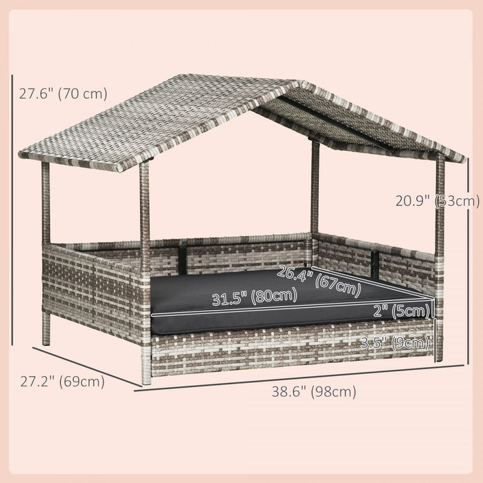 Pawhut Elevated Rattan Dog House Outdoor With Canopy, Wicker Dog Bed With Water-resistant Cushion, F