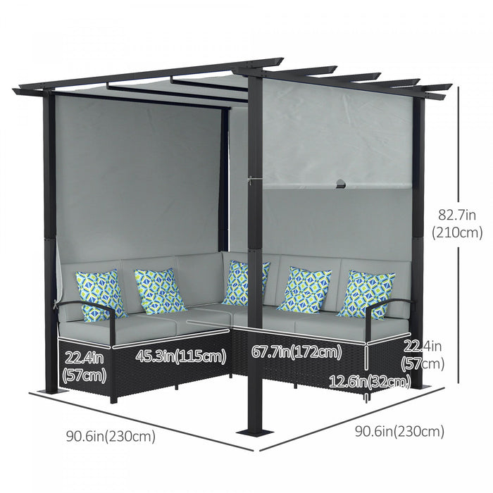 Outsunny Patio Furniture W/ Retractable Canopy Pergola Sofa Set, Grey