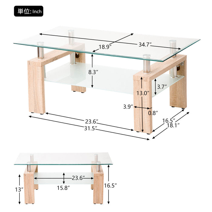 Lucius Modern Geometric Design Tempered Glass Coffee Tablewith Metal Frame and Clear Glass,Natural  