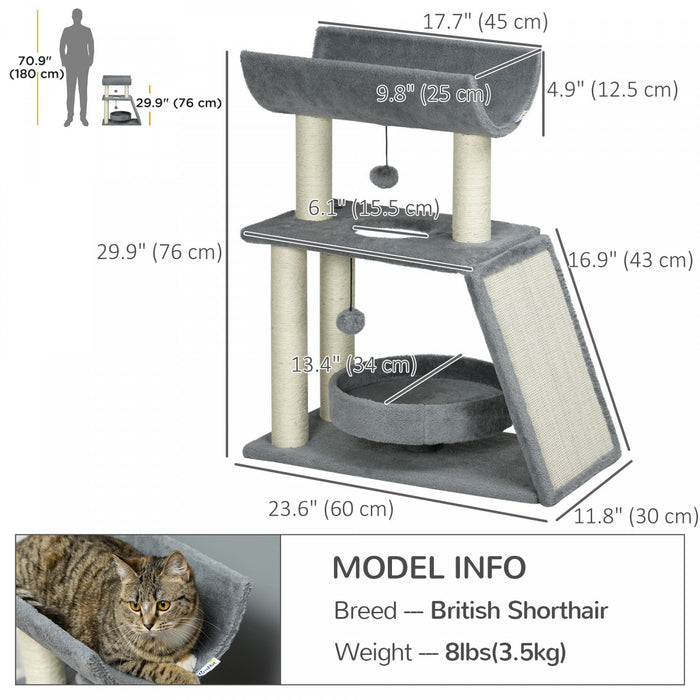 Pawhut Cat Tree, Small Cat Tower With Perch, Sisal Scratching Posts, Scratch Pad, Bed, Hanging Balls