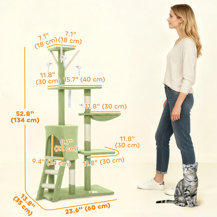 PawHut Cat Tree, 53" Cat Tower for Indoor Kittens with Sisal Scratching Posts, Plush Perches, Condo, Hammock, Ladder, Dangling Toys, Multi-Level Kitty Activity Centre, Green