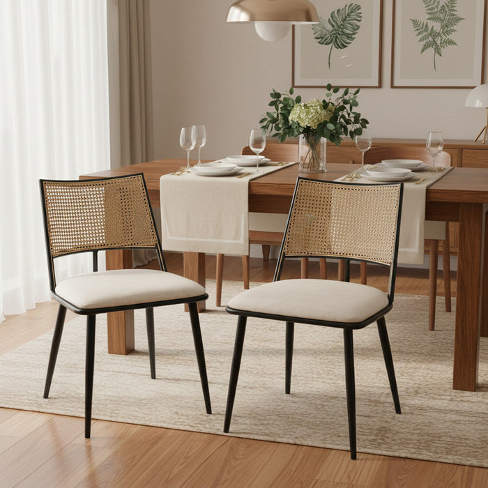 Oliver Modern Dining Chairs with PU Upholstered and PE Rattan Backrest Set of 2,Black  