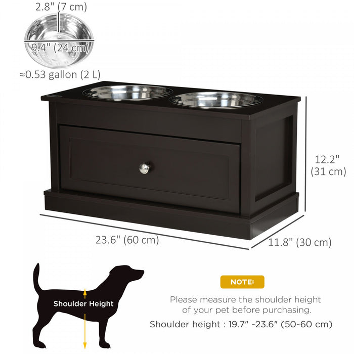 Pawhut Elevated Dog Bowls With Storage Drawer, Raised Dog Bowls With Stand, 2 Stainless Steel Bowls 