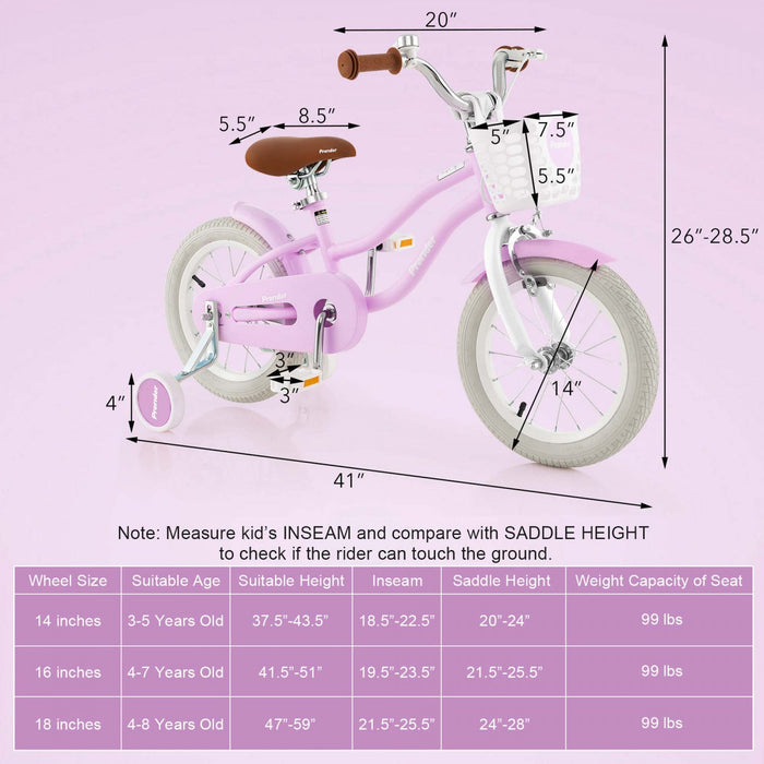 Costway 14" Kid's Bike With Removable Training Wheels & Basket For 3-5 Years Old Purple