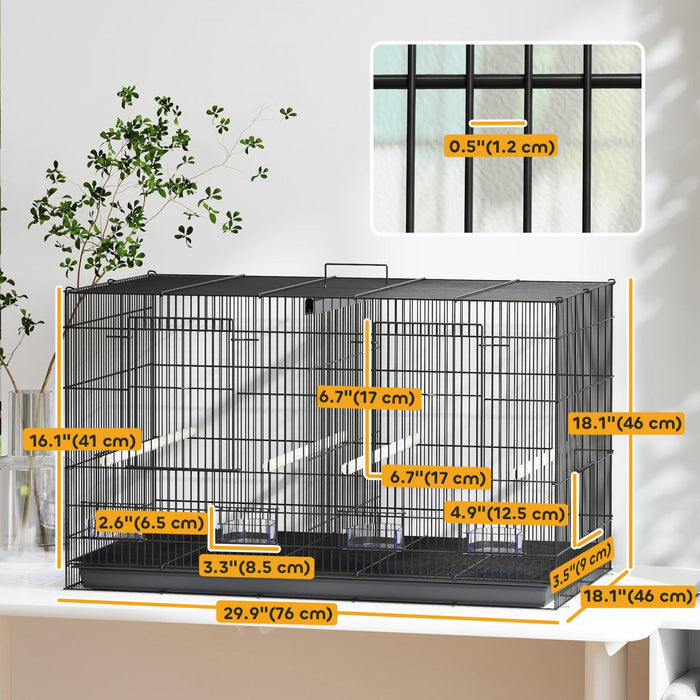 PawHut 18" H Bird Cage, Parakeet Cages for Budgie, Lovebird, Canary, Finches with Divider, 4 Wooden Perches, Slide Out Tray, 4 Feeders, Black