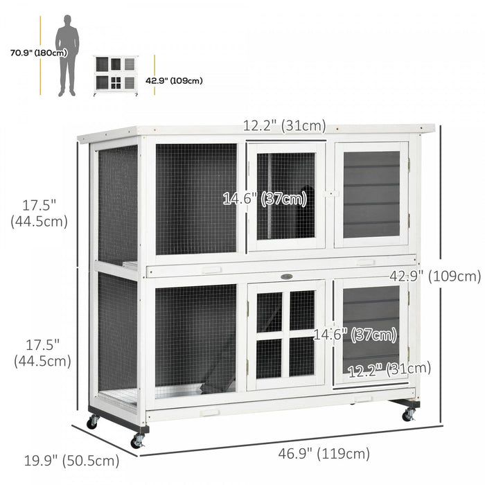 Pawhut Wooden Rabbit Hutch, 2 Tier Bunny Cage With Wheels, Waterproof Roof, Removable Tray, Guinea Pig Cage For Outdoor & Indoor, Dark Grey