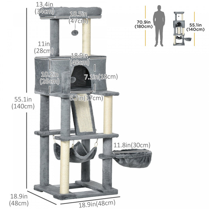 Pawhut 55\" Cat Tree For Indoor Cats, Cat Tower, Kitty Activity Center With Cat Bed Ramp Condo Hammoc