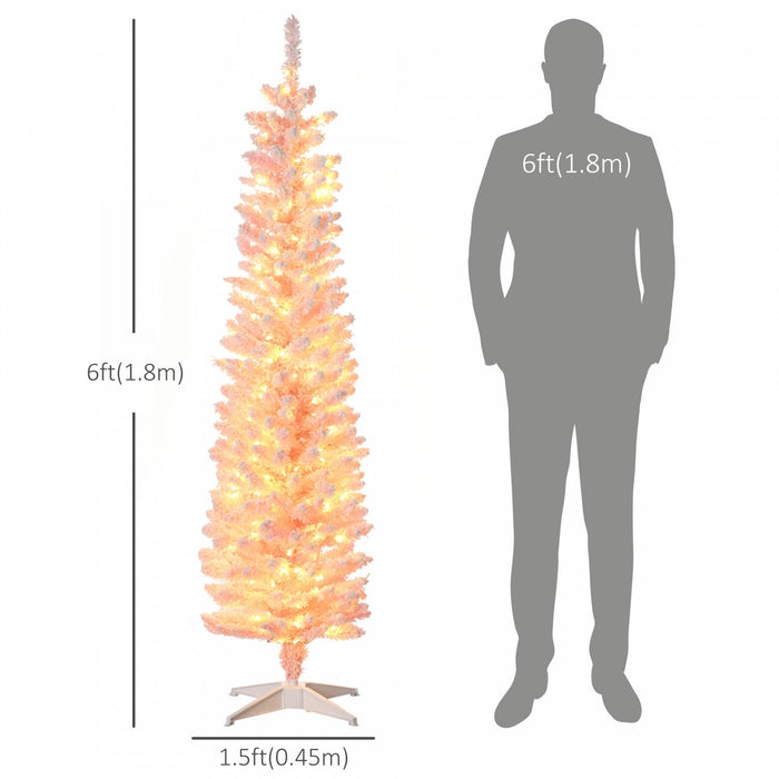 Homcom 6' Slim Snow Flocked Artificial Christmas Tree With Light, Pink