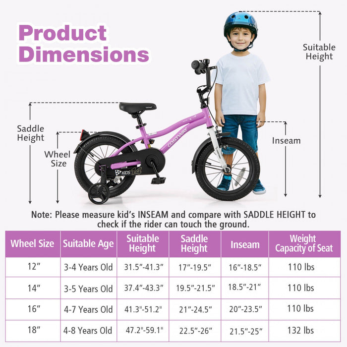 Costway 14" Kids Bike For 3-5 Years Old Boys & Girls With Adjustable Seat Handbrake Reflectors Purple