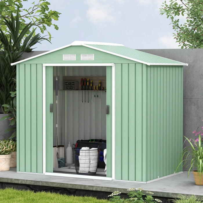 Outsunny 7' X 4' X 6' Garden Storage Shed Outdoor Patio Yard Metal Tool Storage House W/ Steel Foundation Kit And Double Doors, Light Green