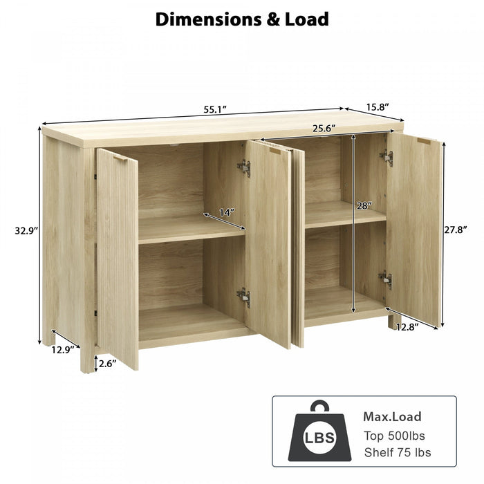 Ted 55\" Fluted Buffet Cabinet With Storage And Adjustable Shelves - Natural 