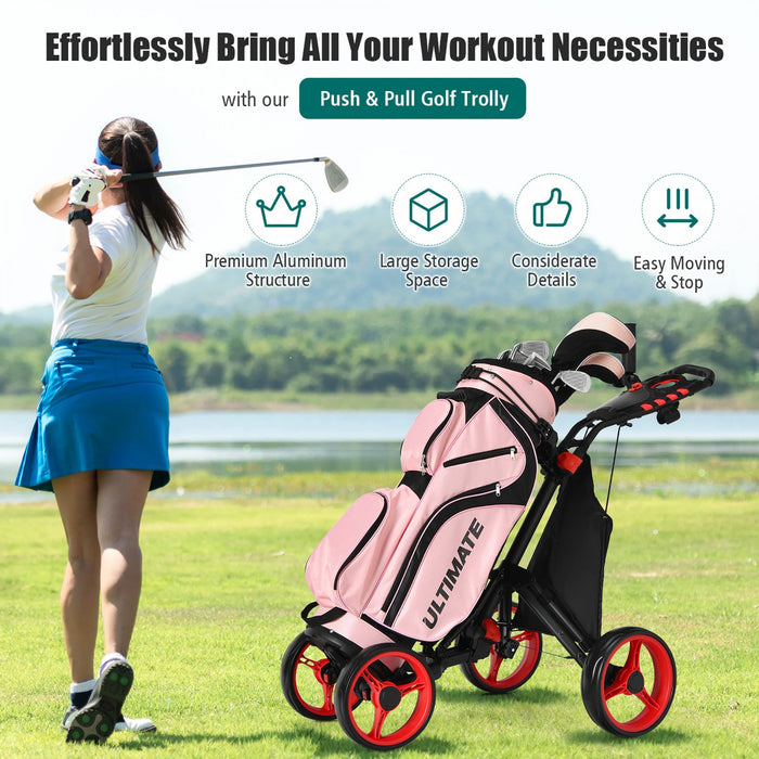 Goplus Folding 4 Wheels Golf Push Cart W/bag Scoreboard Adjustable Handle Red