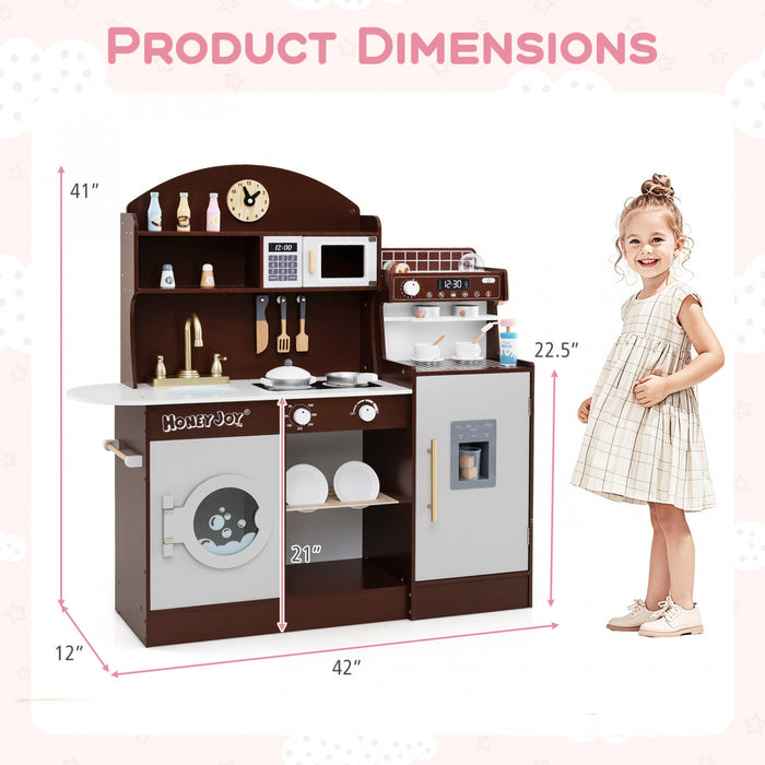 Honeyjoy Kids Kitchen Set Wooden Kitchen Playset With Clock, Microwave, Sink, Dish Rack Brown