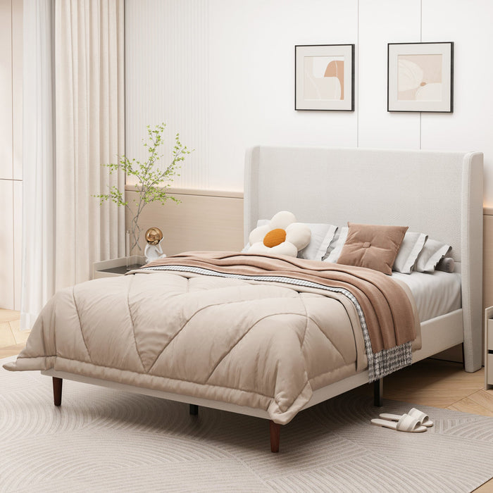Harper Upholstered Queen Bed Frame with High Headboard, Chenille Fabric - Beige 