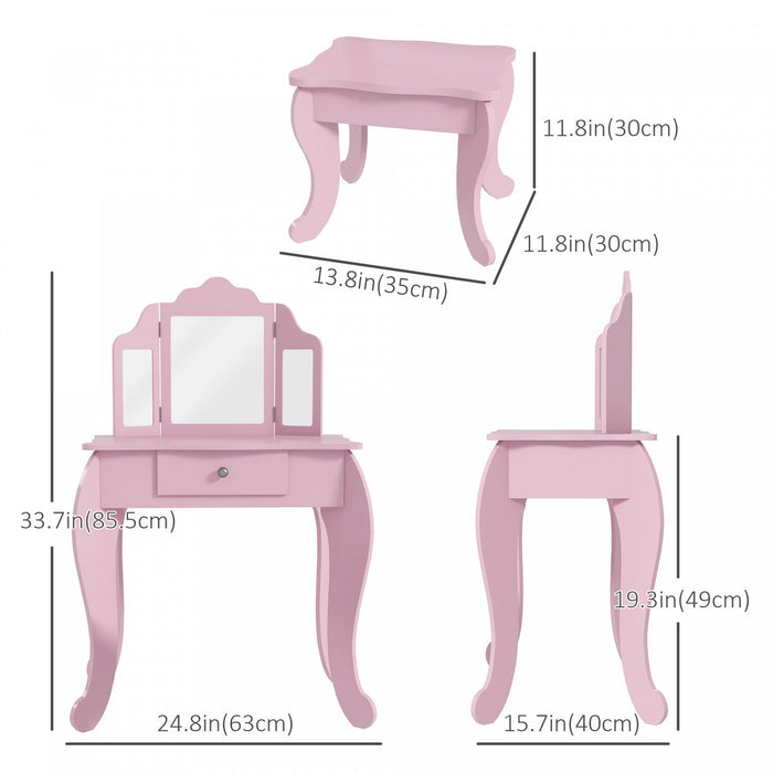 Qaba Kids Vanity Table And Stool, Makeup Vanity Girls Dressing Table Set With Tri-folding Mirrors Dr