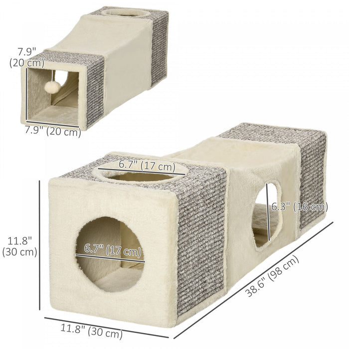 Pawhut 39" Long Cat Tunnel With Hanging Ball, Plush Catio Outdoor Cat Enclosure With Two Caves, Cream White