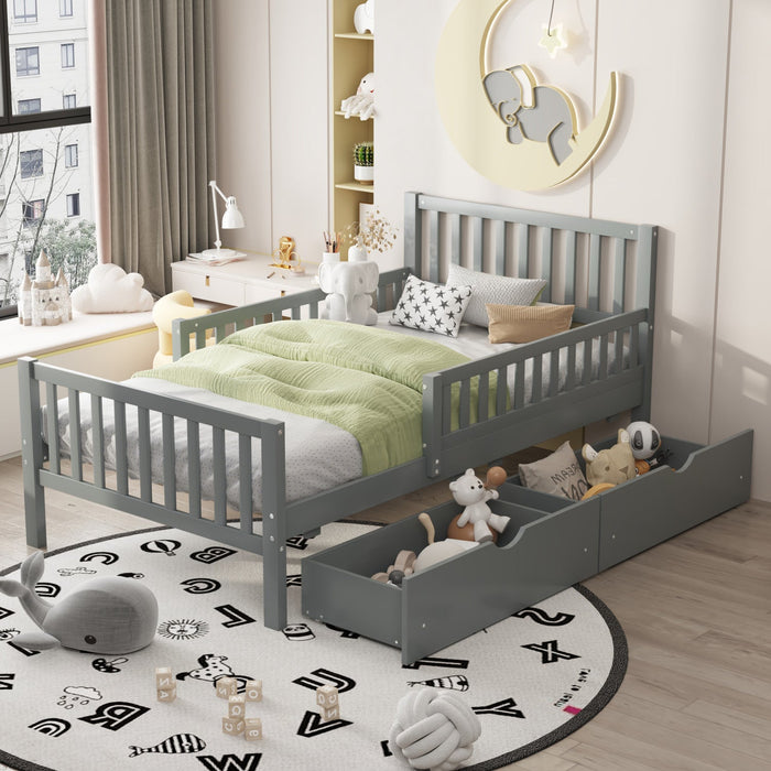 Emma Wood Platform Bed with Guardrails and Storage Drawers,Twin Size - Grey 