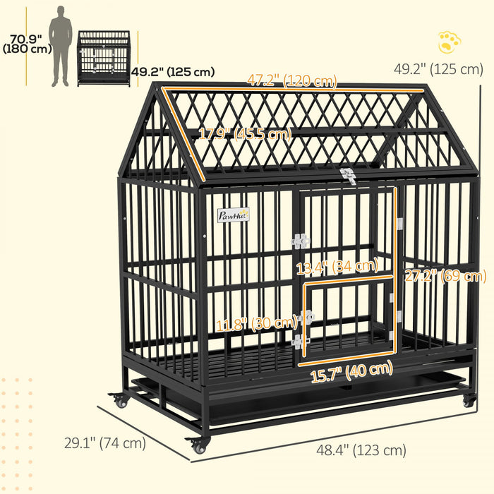 Pawhut 49\" Heavy Duty Dog Crate, Metal Dog Kennel Cage With Openable Roof, Removable Tray, Doors, Wh