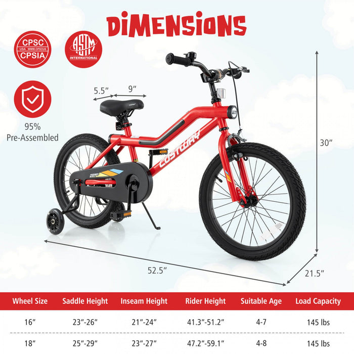 Costway 18" Led Lighted Kids Bike With Adjustable Seat Coaster Brake Training Wheels Red