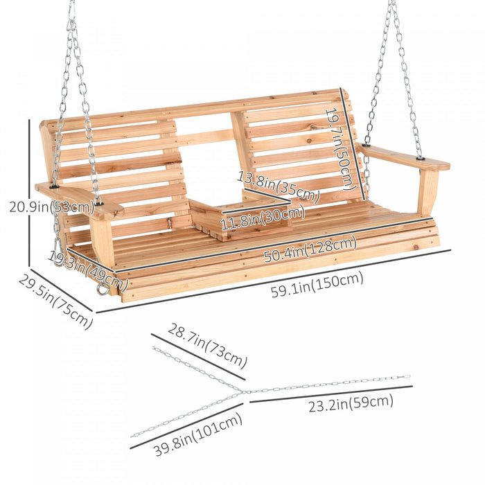Outsunny 3 Seater Porch Swing Wood Patio Swing Chair With Foldable Table