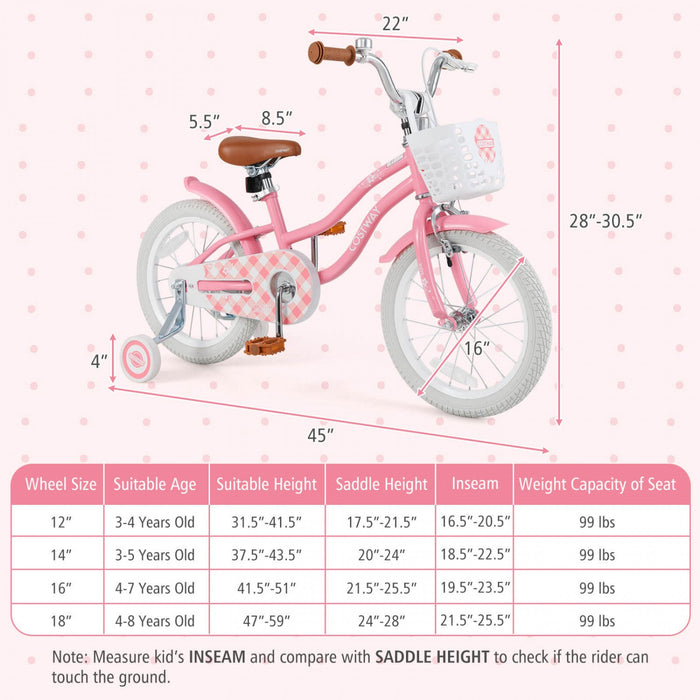 Costway 16" Kids Bike Toddler Adjustable Bicycle With Training Wheel For 4-7 Years Old Girl Pink