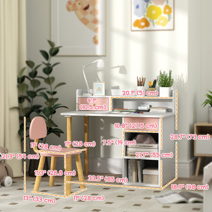 Qaba Kids Desk And Chair Set, 2 Pieces Kids Study Table And Chair Set For 3-8 Year Old, Writing Table For Bedroom, Study Room, With Storage And Shelves, Pink