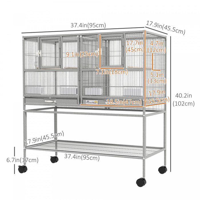 Pawhut 40"h Divided Breeder Bird Cage With Rolling Stand Removable Metal Tray, Storage Shelf, Wood Perch, And Food Container, Light Grey