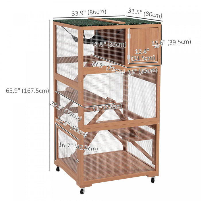 Pawhut 66"h Catio On Brake Wheel, Indoor Outdoor Cat Enclosure Cage With Weatherproof Roof Hammock Multiple Platforms Resting Condo Ramps Lockable Doors, For 1-3 Cats, Orange