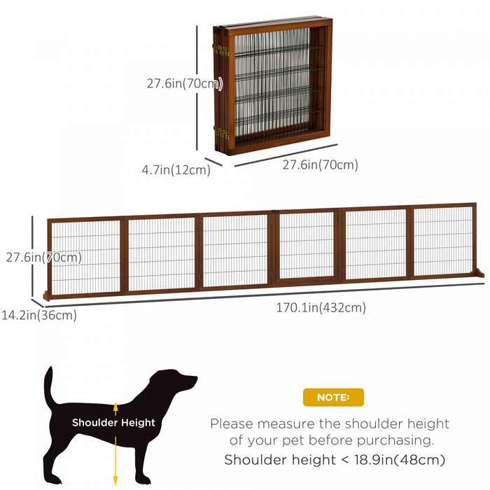 Pawhut Wooden Pet Gate, Dog Safety Barrier, Freestanding Foldable Fence, W/ 6 Panels, 2 Support Feet