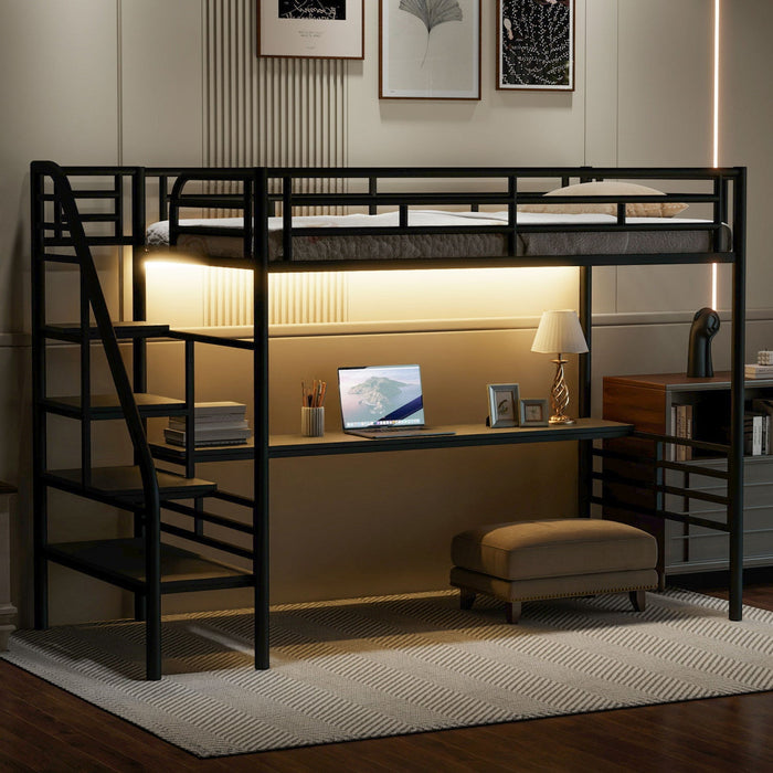 Cherry Twin Loft Space-saving Metal Bed With Desk, Led Light - Black 