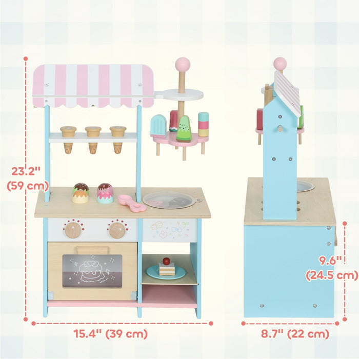 Qaba Wooden Ice Cream Toy Shop, Pretend Play Food Store with Toy Food and Oven for Kids, Pretend Play Dessert Shop Counter Stand for Boys and Girls Aged 3+