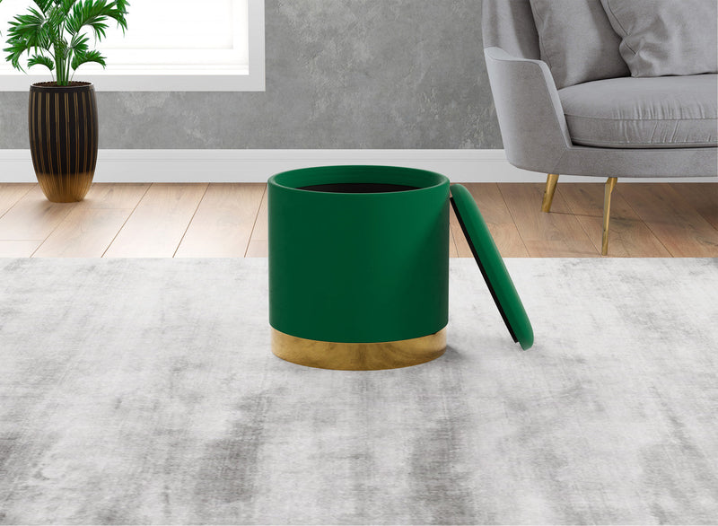 Velvet Cylinder Ottoman – Forest Green Upholstered Seat With Gold Metal Base 