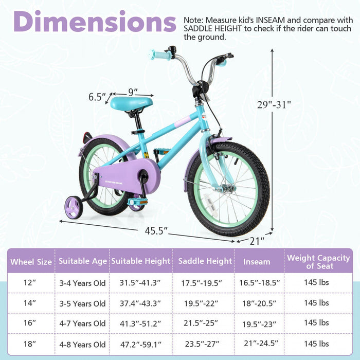 Costway 16" Kids Bike With Adjustable Saddle Handlebar Removable Training Wheels Handbrake Blue