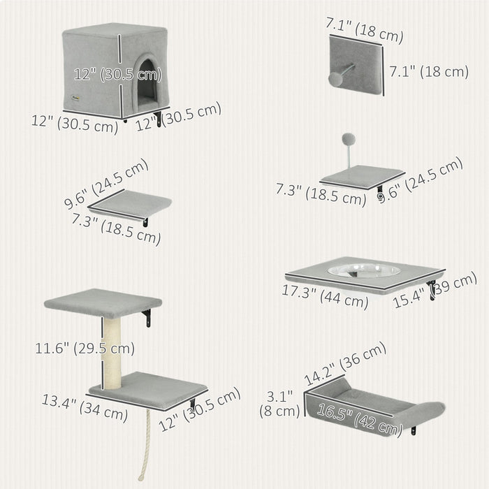 Pawhut Cat Wall Shelves, 7pcs Cat Shelves With Perches, House, Sisal Post Ladder, Bed & Ball, Ceiling Wall Mounted Cat Climber, Grey