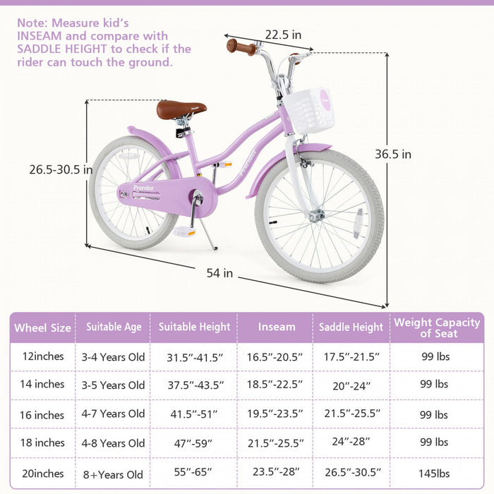 Prorider 20" Kids Bike With Height Adjustable Handlebar & Seat Hand Brake & Coaster Brake Purple