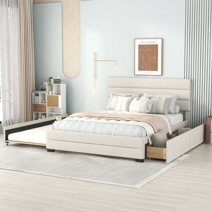 Sophie Linen-look Fabric Upholstered Platform Bed With Trundle And Storage Drawers, Queen Size - Beige 