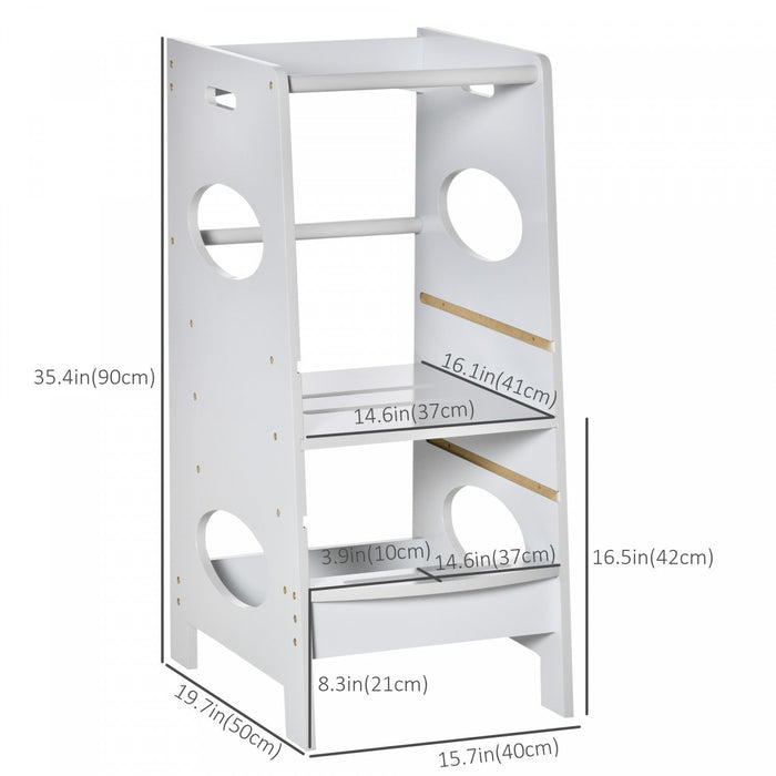 Homcom Toddler Kitchen Step Stool With Adjustable Standing Platform & Safety Rail, Grey
