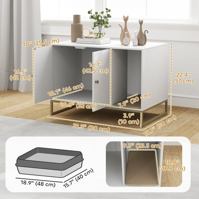 PawHut Cat Litter Box Enclosure, Hidden Litter Box Furniture with Litter Mat, Tall Legs, Cat House Washroom, Side Table, 31.5" x 20" x 22", White