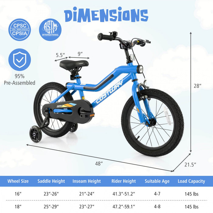 Costway 16" Led Lighted Kids Bike With Adjustable Seat Coaster Brake Training Wheels Blue