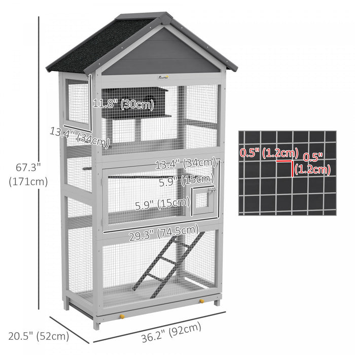 Pawhut Wooden Bird Cage, 67" Parrot Cage With Perches, Bird House, Ladder, Slide-out Tray For Finches, Parakeets, Small Birds, Indoor Outdoor Use, Grey