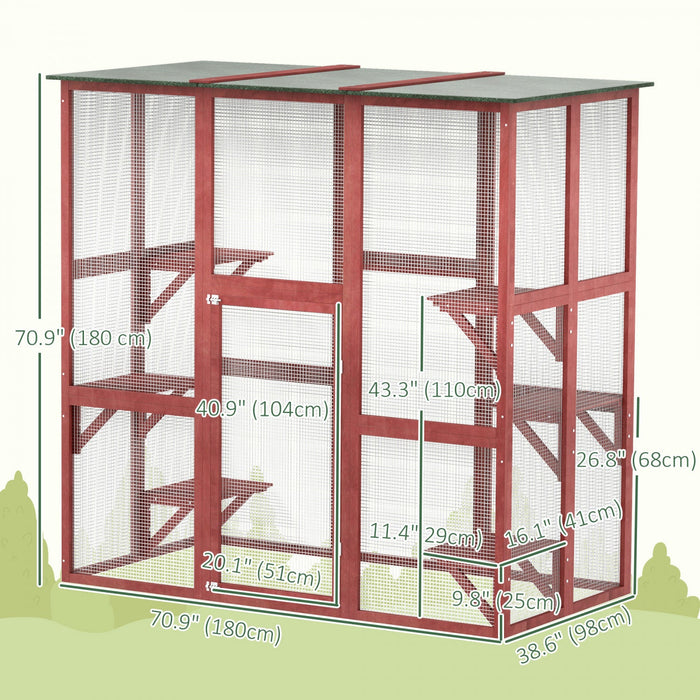 Pawhut Large Outdoor Catio Enclosure, Weatherproof Cat House With Asphalt Roof, Wooden Cat Patio Cag