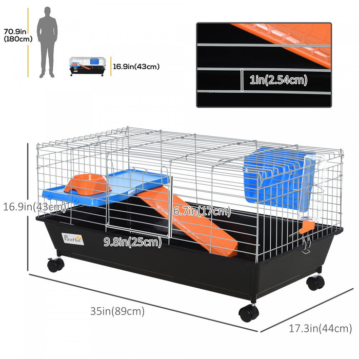 Pawhut 35\" Small Animal Cage, Rolling Bunny Cage, Guinea Pig Cage With Food Dish, Water Bottle, Hay 
