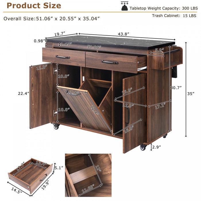 Nathan Kitchen Island With Tilt-out Trash Cabinet And Storage - Walnut Brown 