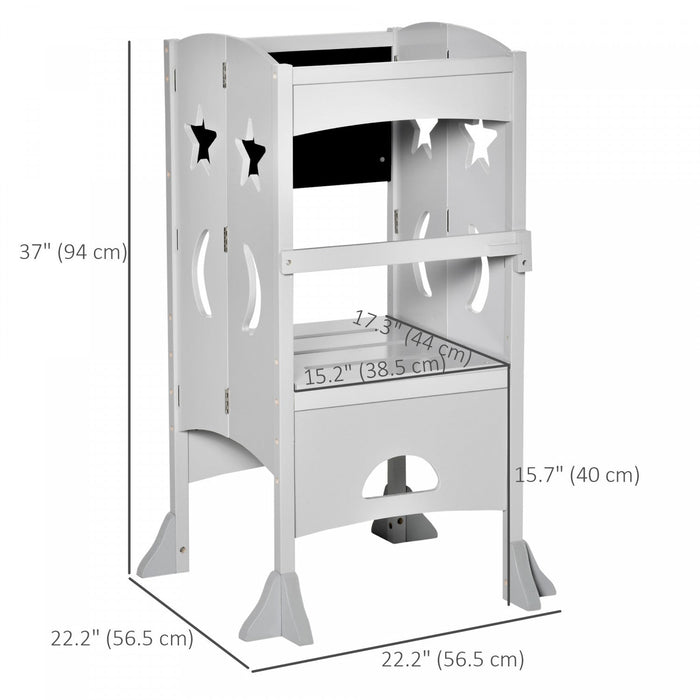 Qaba Kids Kitchen Helper Foldable Step Stool Toddler Kitchen Stool With Blackboard Lockable Handrail