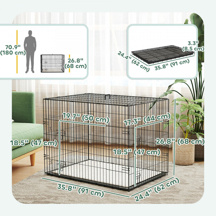 PawHut Dog Crate, 35" Folding Metal Dog Kennel with 2 Doors, Removable Tray, Soft Cushion, Handle, Pet Cage for Large Medium Breeds, Black