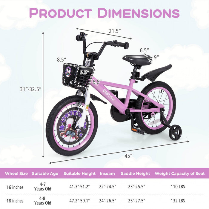 Costway 16" Kid's Bike For 4-7 With Height-adjustable Handlebar & Saddle Handbrake Purple