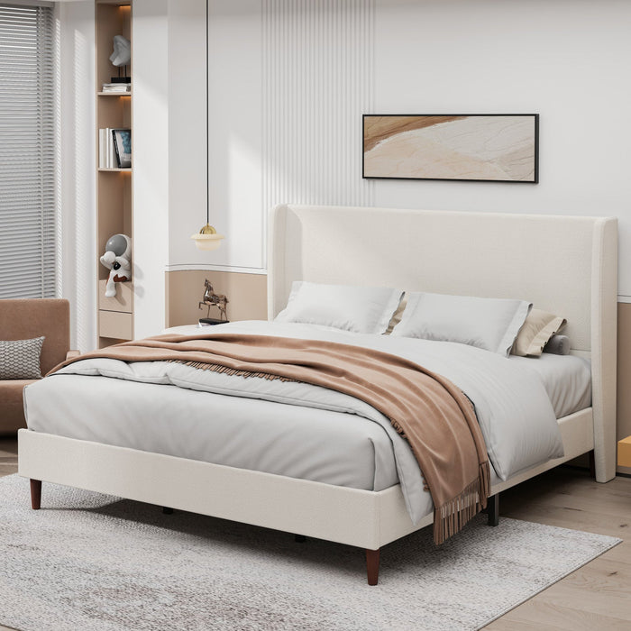 Harper Upholstered King Bed Frame with High Headboard, Chenille Fabric - Beige 